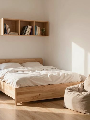 Medium-wide shot of a sunlit teen bedroom, showing a pastel wood storage bed with a floating bookshelf above, and a plush-textured bean lounger in the corner, soft natural morning light, light wood textures, cozy atmosphere.