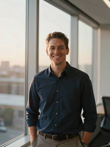 Honest portrait of a Tanka West LLC team member smiling, standing in front of a modern office window, soft daylight, 35mm