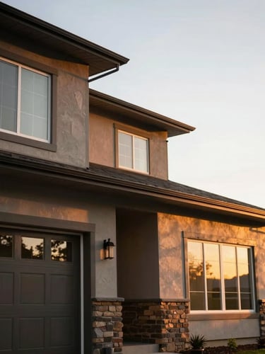 Warm editorial photography of a modern Idaho Falls home exterior during golden hour, soft natural light, shallow depth of field, 35mm