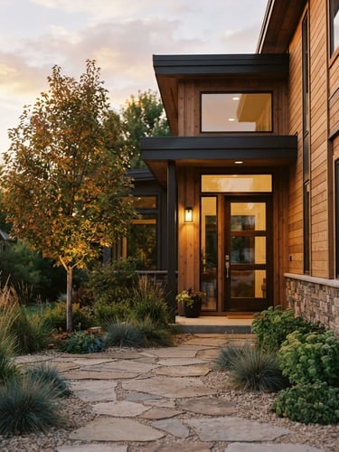 Warm natural light on a modern Idaho Falls home, shallow depth of field, golden hour, 35mm