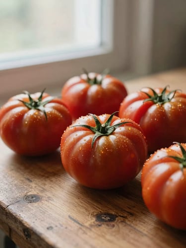 Close-up of fresh heirloom tomatoes on a rustic wooden table, soft window light, warm editorial photography, 35mm