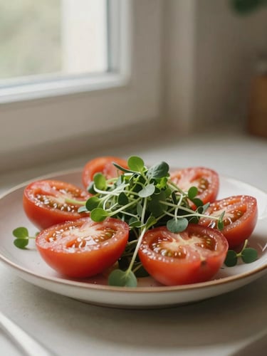Close-up of a beautifully plated fresh heirloom tomato salad with microgreens, soft window light, warm editorial style, 35mm