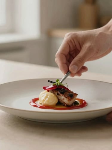Hands of a chef plating a delicate dish in a bright, modern Scandinavian kitchen, warm natural light, organic textures