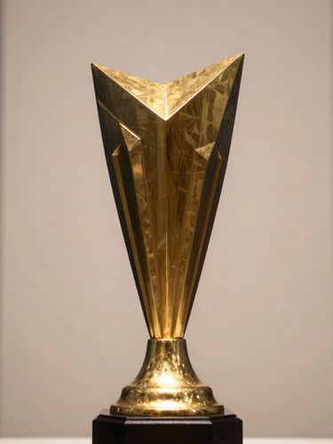 Elegant close-up of a golden prize trophy designed with geometric architectural patterns, soft gallery lighting, warm ivory and navy blue background, medium format depth