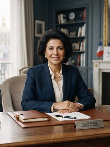 Portrait officiel de Diana Abbas, Présidente de l'AIFEAC, assise dans un bureau d'ambassade élégant à Paris, lumière naturelle douce, tons bleu nuit et ivoire, style éditorial haut de gamme.