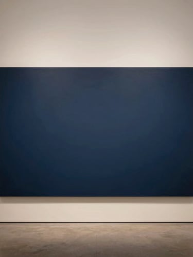 Elegant editorial photography of a modern digital art installation in a minimalist gallery, soft gallery lighting, muted midnight blue and warm ivory tones, medium format depth