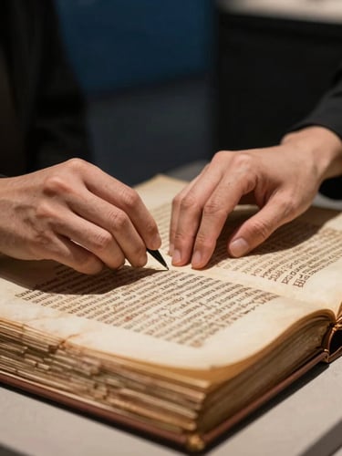 Close-up of hands restoring an ancient physical manuscript under controlled museum lighting, warm gold tones, elegant editorial style.