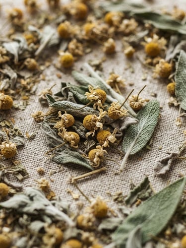 Overhead macro shot of dried chamomile flowers and sage leaves resting on a textured linen surface, soft morning daylight, shallow depth of field.