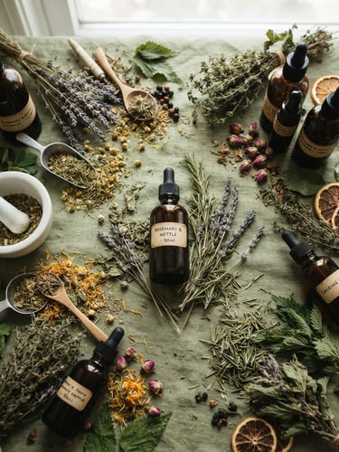 Overhead flat-lay of dried herbs and glass tincture bottles on a textured linen surface, soft morning daylight, muted sage tones, macro lens