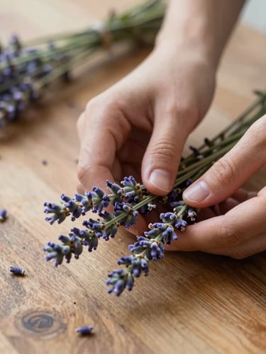 Close-up of hands gently sorting freshly harvested lavender stems on a rustic wooden table, soft side lighting, warm tones.