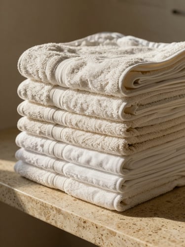 A neat stack of folded organic cotton towels and linen sheets resting on a warm travertine bench under soft morning light.
