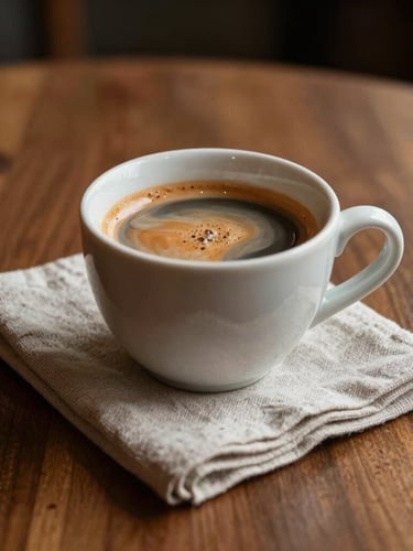 A warm ceramic cup of espresso sitting on a polished wooden table next to a folded linen napkin
