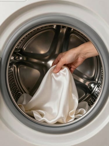 Close-up of a hand gently placing a delicate silk slip into a gleaming stainless steel washing machine drum, warm morning light, architectural shadow.