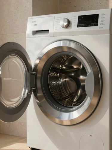 A side profile of a modern, minimalist European washing machine with a gleaming stainless steel drum, soft morning light catching the glass door, set against a warm travertine wall.
