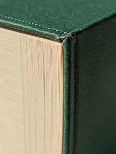 Extreme close-up of a hardcover book spine and binding stitching, warm natural daylight from the side, paper grain and thread detail visible, forest green cloth cover texture, no text readable
