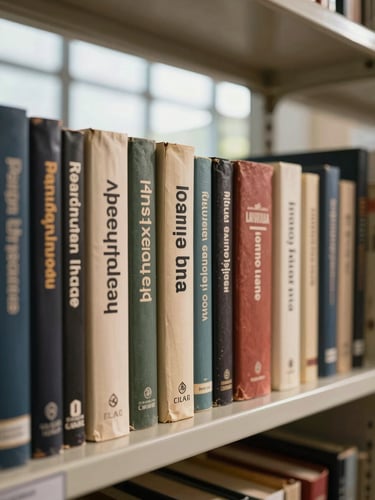 Row of published book spines on a library shelf, warm afternoon light through tall windows, Indonesian titles visible on spines, institutional setting