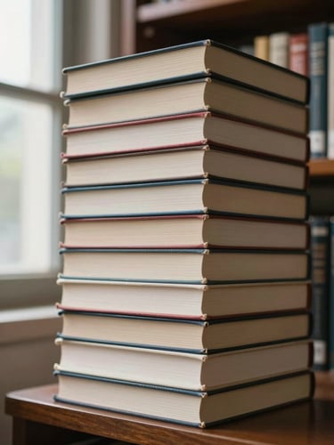 Close-up of a stack of Indonesian-published books on a library shelf, natural window light from the left illuminating the spines and binding details, paper texture visible, warm institutional setting