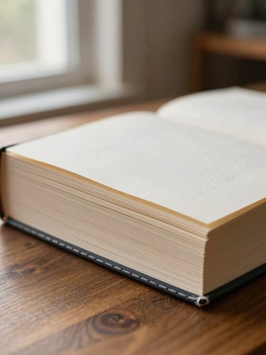 Close-up of book binding craftsmanship on a wooden desk, stitched spine and layered pages visible, natural window light from the left, warm paper tones