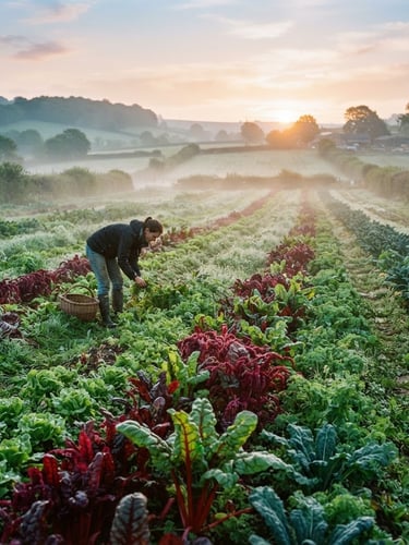 Wide shot of a vibrant organic farm field at dawn, mist rising gently, natural soft light, rich green and crimson tones, shallow depth of field, 35mm film.