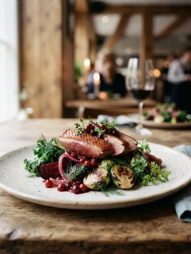 Close-up of a beautifully plated dish, artisanal, in soft window light, Scandinavian style, rich crimson and forest green tones, shallow depth of field, 35mm film, cozy restaurant interior in background.