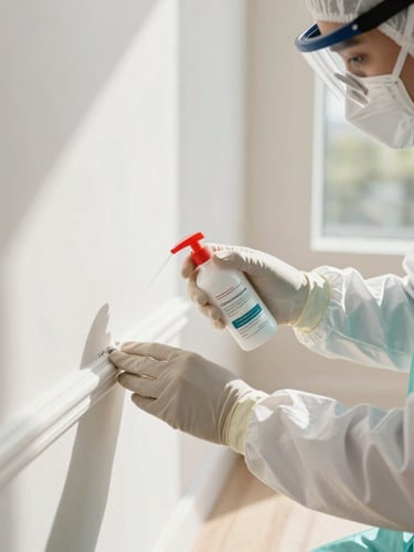 Clinical macro photography of a professional pest control technician in a clean white and teal uniform, precisely applying a low-odor protective barrier along a modern, sunlit residential baseboard, bright natural daylight, clean composition.