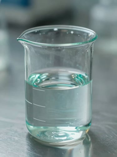 Macro photography of a clean laboratory beaker filled with clear clinical liquid, teal accent lighting, sterile steel background, sharp focus.
