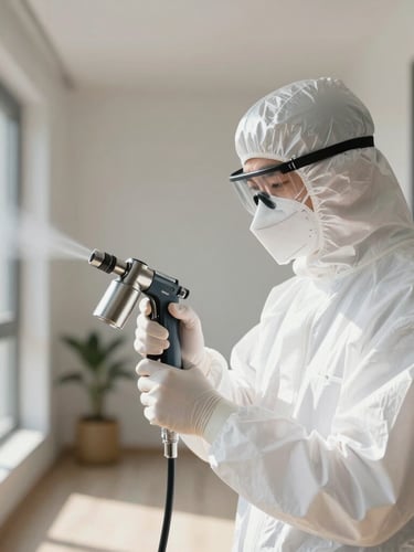 A professional technician wearing a clean white protective uniform and mask, calibrating a precise modern steel spray nozzle in a bright, sunlit modern apartment corridor.