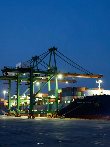 Wide-angle industrial logistics photography at twilight, container ship docked at Port Klang, high-contrast deep blue and sharp green lighting, massive crane silhouettes.