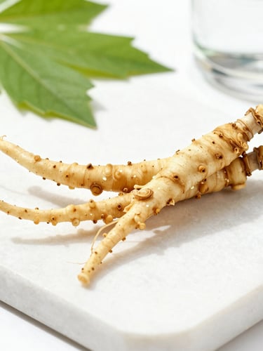 Close up of pure raw herbal roots and green leaves on a clean white stone surface, bright natural daylight, soft golden highlights
