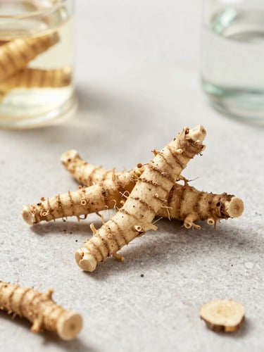 Clean editorial photography of raw Indonesian herbal roots and pristine laboratory glass on a stone surface, bright natural daylight, soft golden highlights, shallow depth of field, 35mm