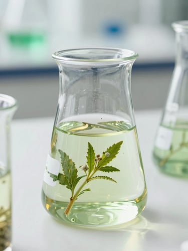 Pristine laboratory glassware with green herbal extracts, soft golden lighting, clean pharmaceutical environment, 35mm photography