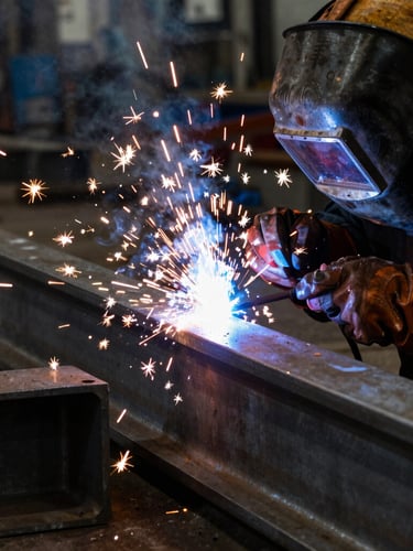 Close-up of a professional welder working on a heavy steel beam, intense electric arc sparks flying, high contrast, gritty industrial workshop, 35mm lens