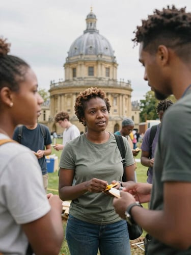 Environmental portrait of diverse local residents collaborating on a community project in Oxford, natural soft daylight, unposed and authentic interaction.