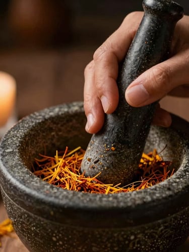 Close-up of hands carefully grinding whole spices in a traditional mortar and pestle, warm ambient light, shallow depth of field, rich saffron tones.