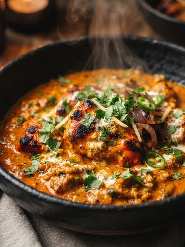 Close-up of a steaming bowl of Chicken Tikka Masala, rich saffron and charcoal tones, shallow depth of field, warm ambient light, steam rising, artfully plated.