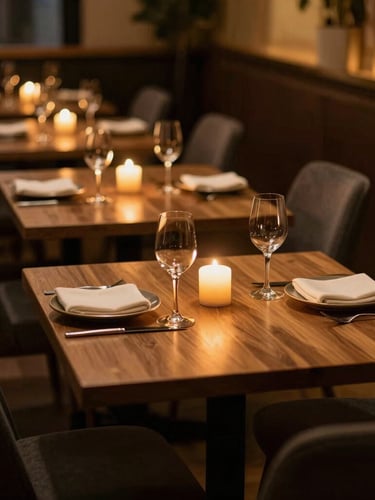 Warm, inviting shot of the Stoneygate dining room tables set for dinner, soft candlelit ambient light, rich charcoal and saffron tones, empty, elegant, shallow depth of field.