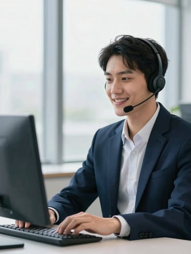Professional remote worker in a modern, bright office setting, wearing a headset and smiling confidently, cool slate and navy tones, shallow depth of field, 35mm