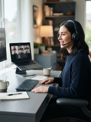 Professional remote workspace, clean desk setup with modern hardware, focused individual wearing a headset speaking naturally, bright natural daylight, cool slate and navy tones, shallow depth of field, 35mm