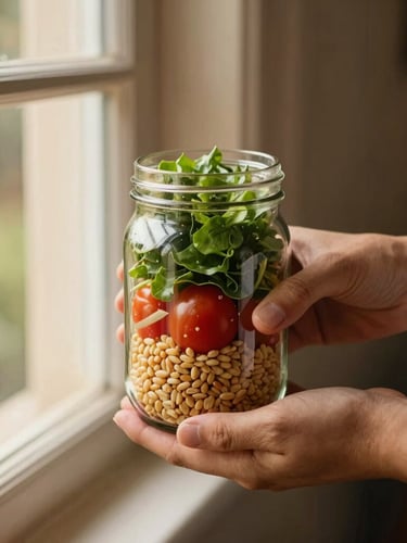 A close-up portrait of hands shaking a layered salad jar filled with fresh greens, vibrant tomatoes, and golden grains, warm natural window light.