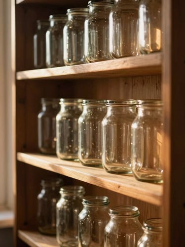 A close-up shot of vintage wooden shelves filled with glowing glass jars, soft warm sunlight streaming through a nearby window, casting long golden shadows.
