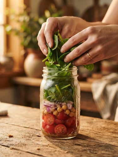 A tall portrait photo of hands layering crisp green spinach over bright red tomatoes in a condensation-beaded mason jar on a rustic wooden table under golden-hour window light.