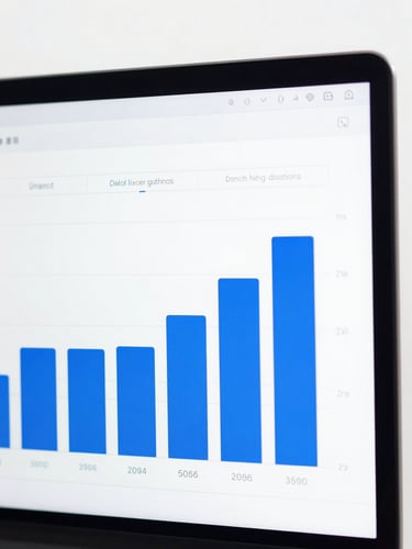 Straight-on macro shot of a high-contrast marketing performance dashboard on a screen, bright high-key studio lighting, crisp white and deep blue tones, sharp focus, 50mm