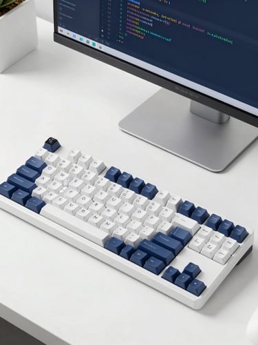 Overhead composition of a minimalist developer workspace, a mechanical keyboard, a monitor showing clean structured code, bright daylight, sharp focus, 50mm