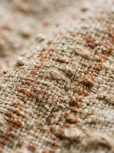 Tight macro shot of heavy raw linen texture, soft diffused afternoon daylight, muted oatmeal and terracotta tones, organic slubs, 35mm film grain.