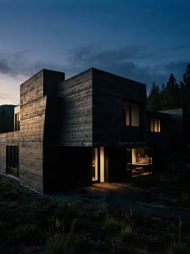 Low-key architectural photography of a monolithic black concrete residence at twilight, dramatic side-lighting casting deep shadows, 35mm film