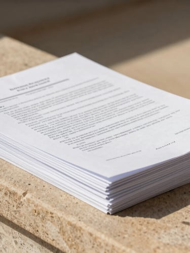 A stack of bound legal documents and land registry papers resting on a warm sandstone ledge, soft shadows, sharp focus, 35mm