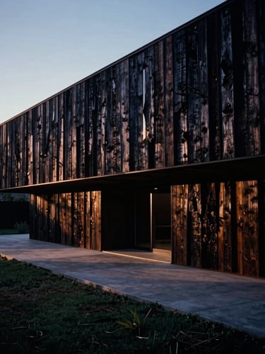 Wide architectural elevation of a monolithic charred timber residence at twilight, dramatic side-lighting casting long shadows across cast concrete paths, 35mm film style