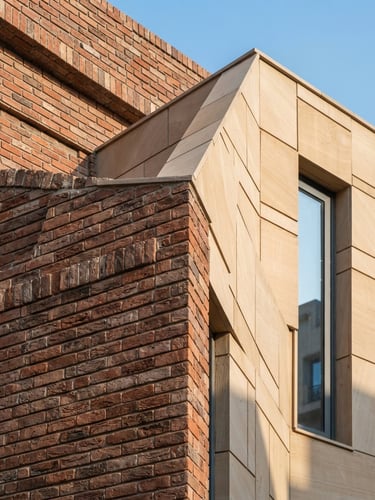 Close-up architectural detail of a modern brick and sandstone facade in Dwarka, sharp angles, bright afternoon sunlight, 35mm