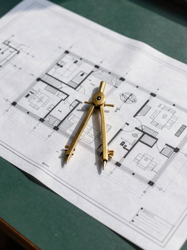 Top-down view of architectural blueprints laid out on a dark green table, a brass compass resting on the paper, sharp natural light, 35mm