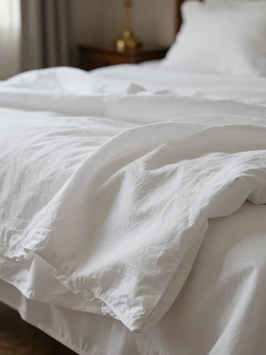 Close-up of freshly pressed high-thread-count white linens on a classic Haussmannian bed, soft morning light, elegant and serene.